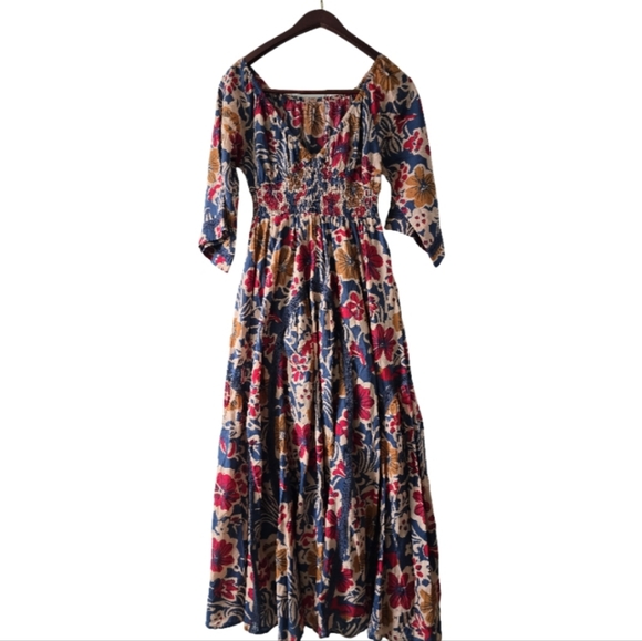 ✨️Free People Printed Maxi Dress Floral Smocked Boho XS Oversized Resort Wear - Picture 4 of 15